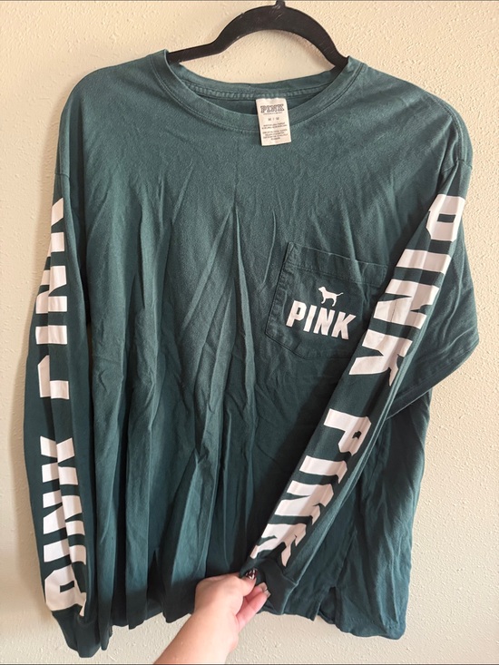 PINK Victoria's Secret Tops - PINK Victoria's Secret Deep Teal Long Sleeve Pocket Tee with White Sleeve Logo